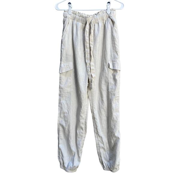 NEW Aerie Elastic Drawstring Pants Cream Linen Blend Cargo Joggers Women's XS22 - Picture 1 of 6